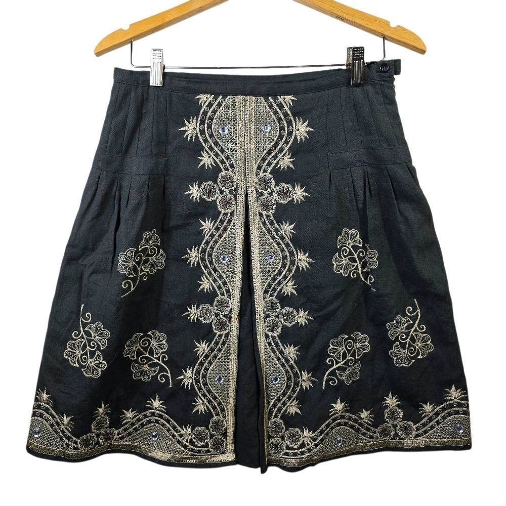 Anne Carson Black and Gold Embroidered A-Line Skirt